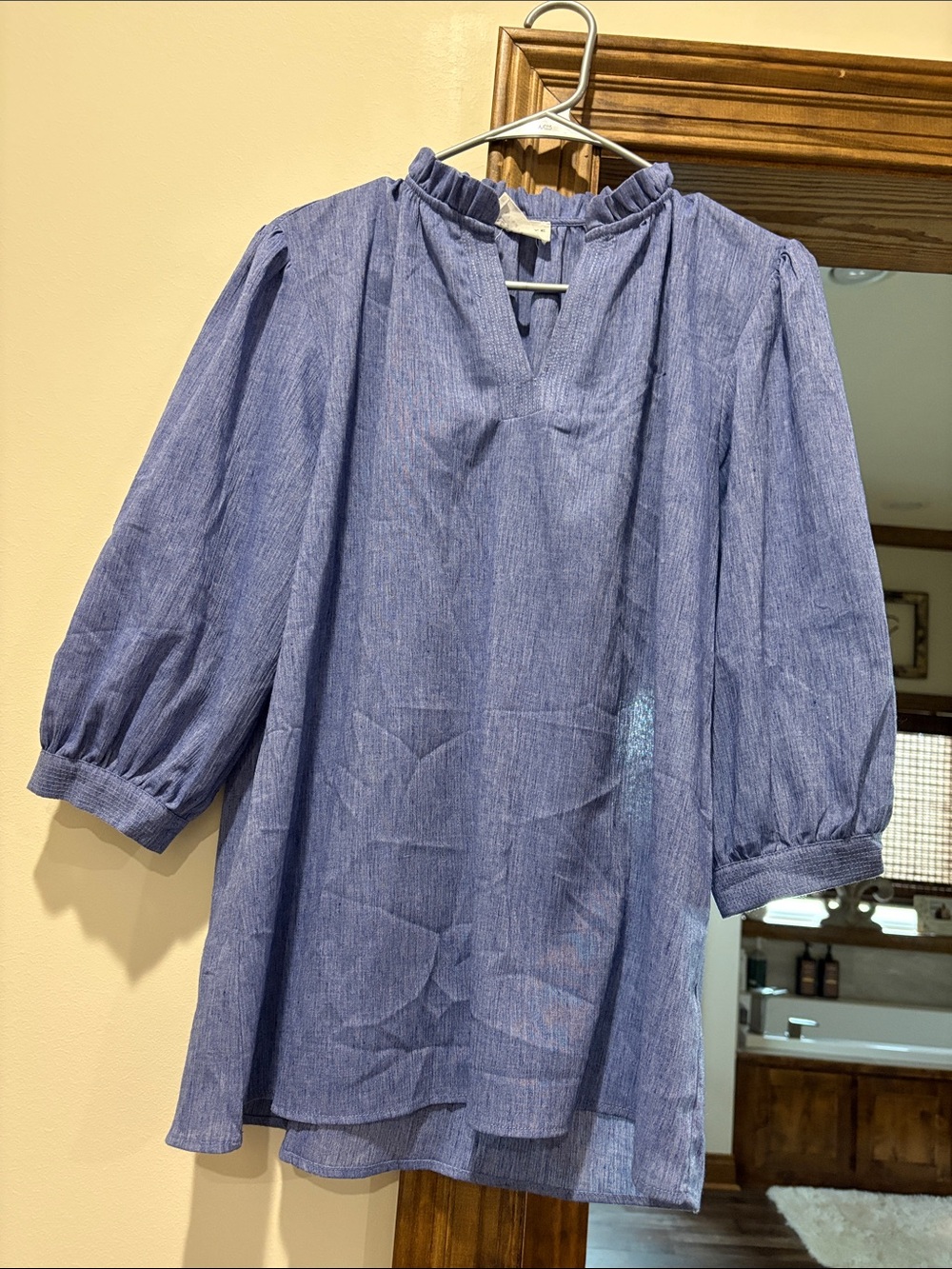 First Love Blue Ruffle Neck Peasant Blouse